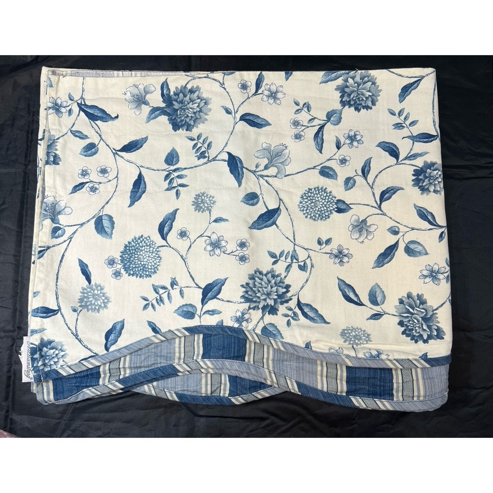 Vintage Williamsburg Blue White Floral Stripe Valance Rod Pocket Scalloped Edge